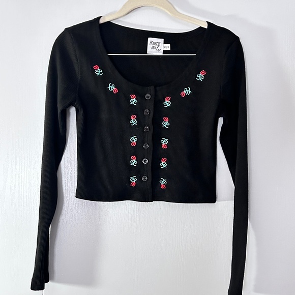 Princess Polly XS/S Black Button Up Longsleeve Top with Flowers - Picture 1 of 5